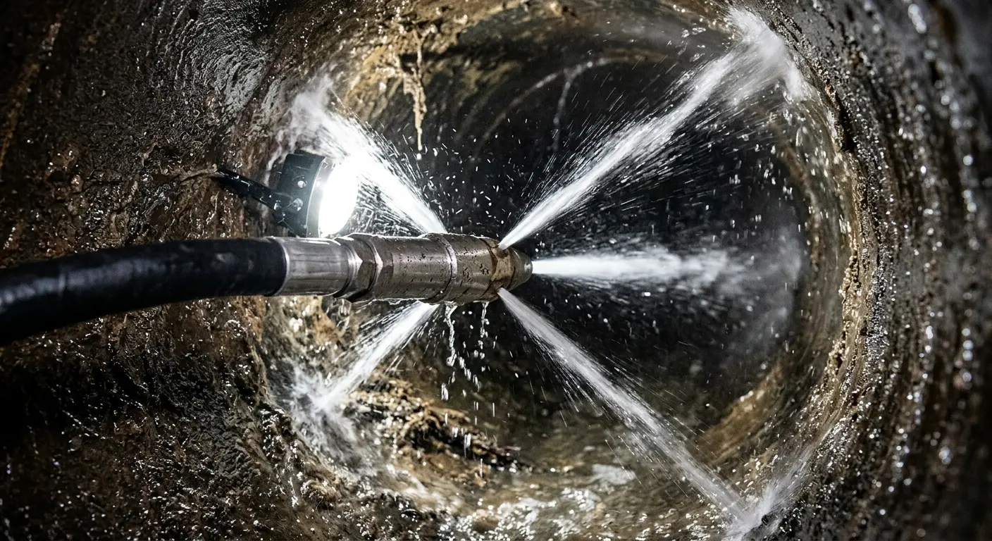 High-pressure hydro jetting nozzle cleaning sewer pipe for Sewer Cleanout in Forks