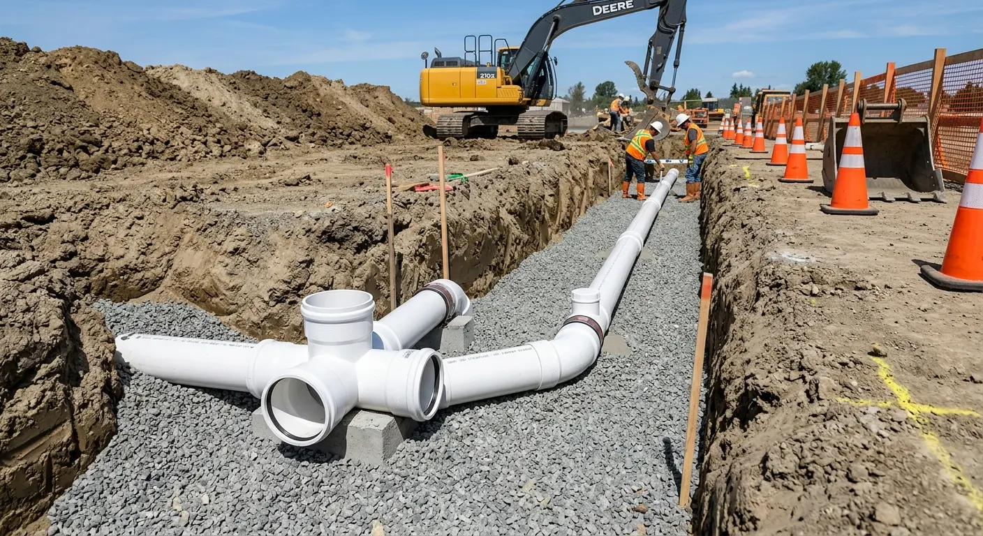 New PVC sewer pipe installation in open trench for Commercial Drain Cleaning in Forks