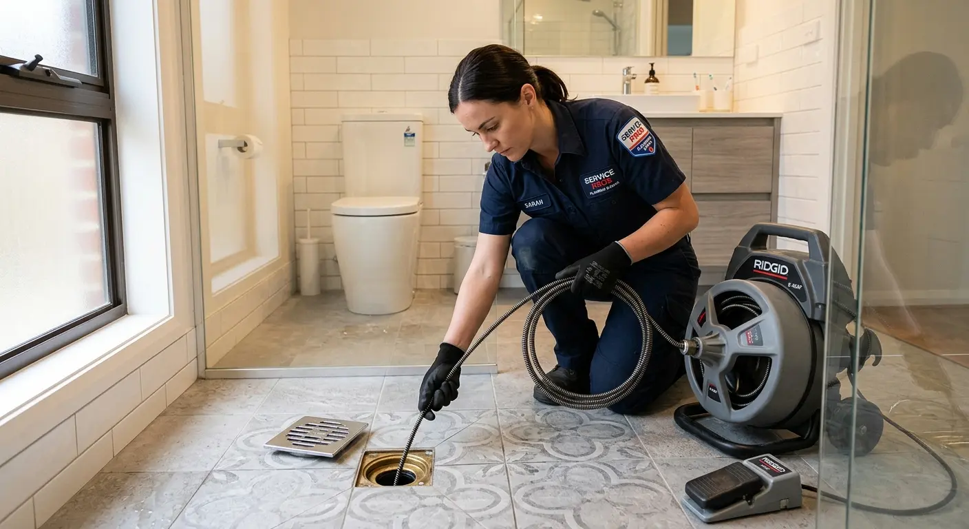 Technician clearing a bathroom floor drain for Clogged Drain Repair in Forks